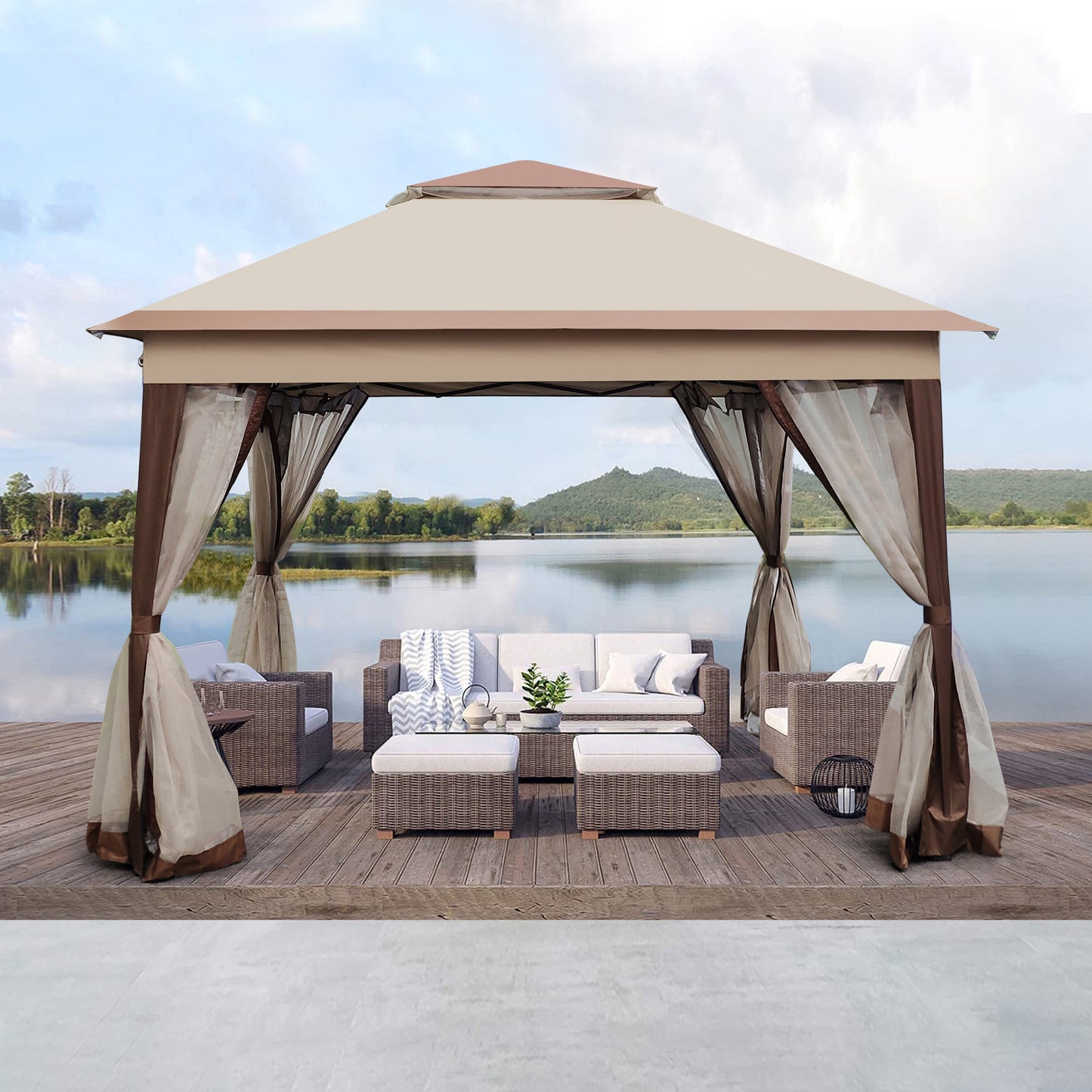 11x 11Ft Pop Up Gazebo Canopy With Removable Zipper Netting and 2-Tier Soft Top in Coffee