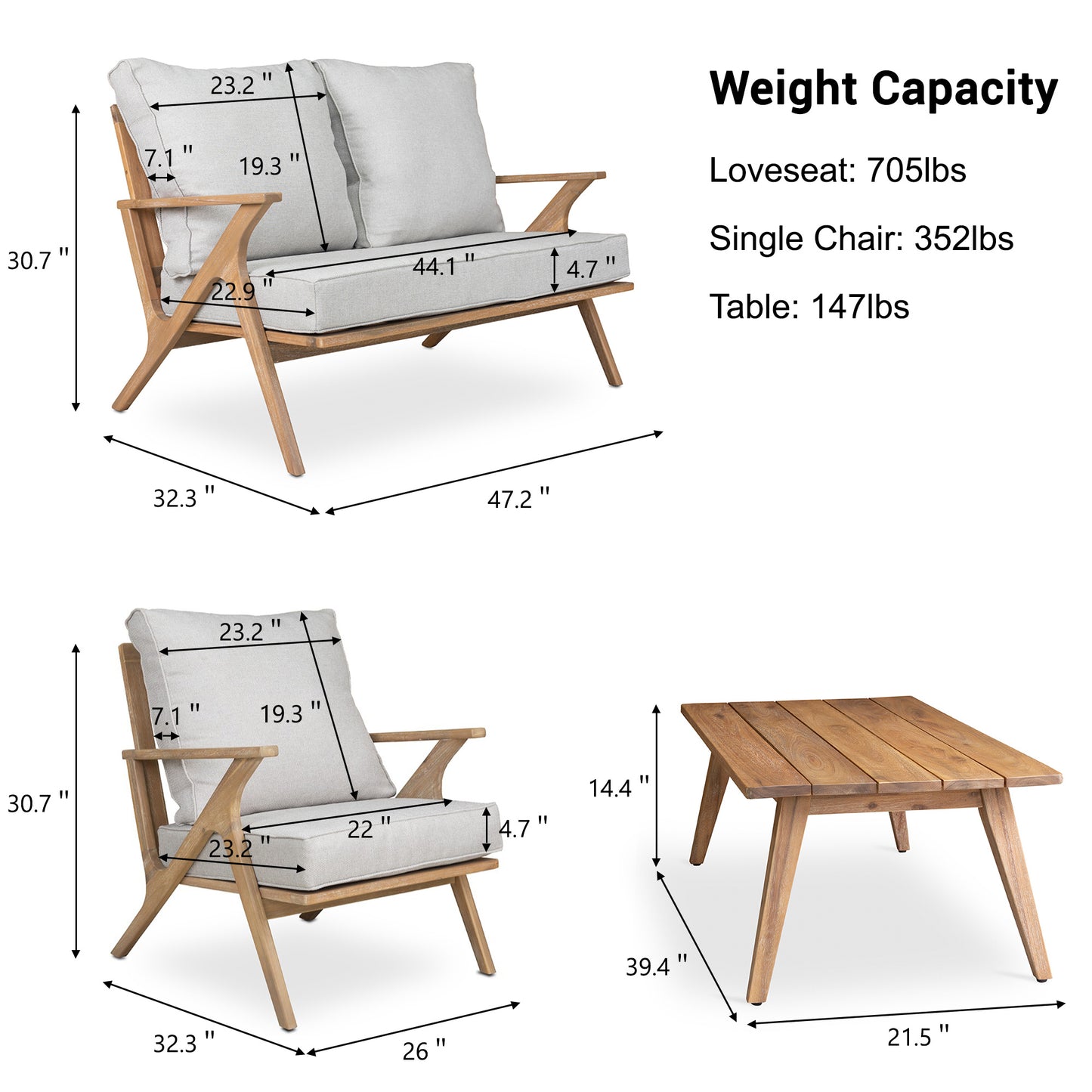 4 PCS Acacia Wood Patio Furniture Set with Grey Cushions & Back Pillow