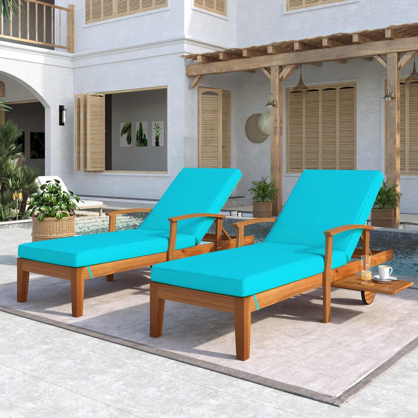 Outdoor Solid Wood 78.8" Chaise Lounge Patio Reclining Daybed with Cushion; Set of 2