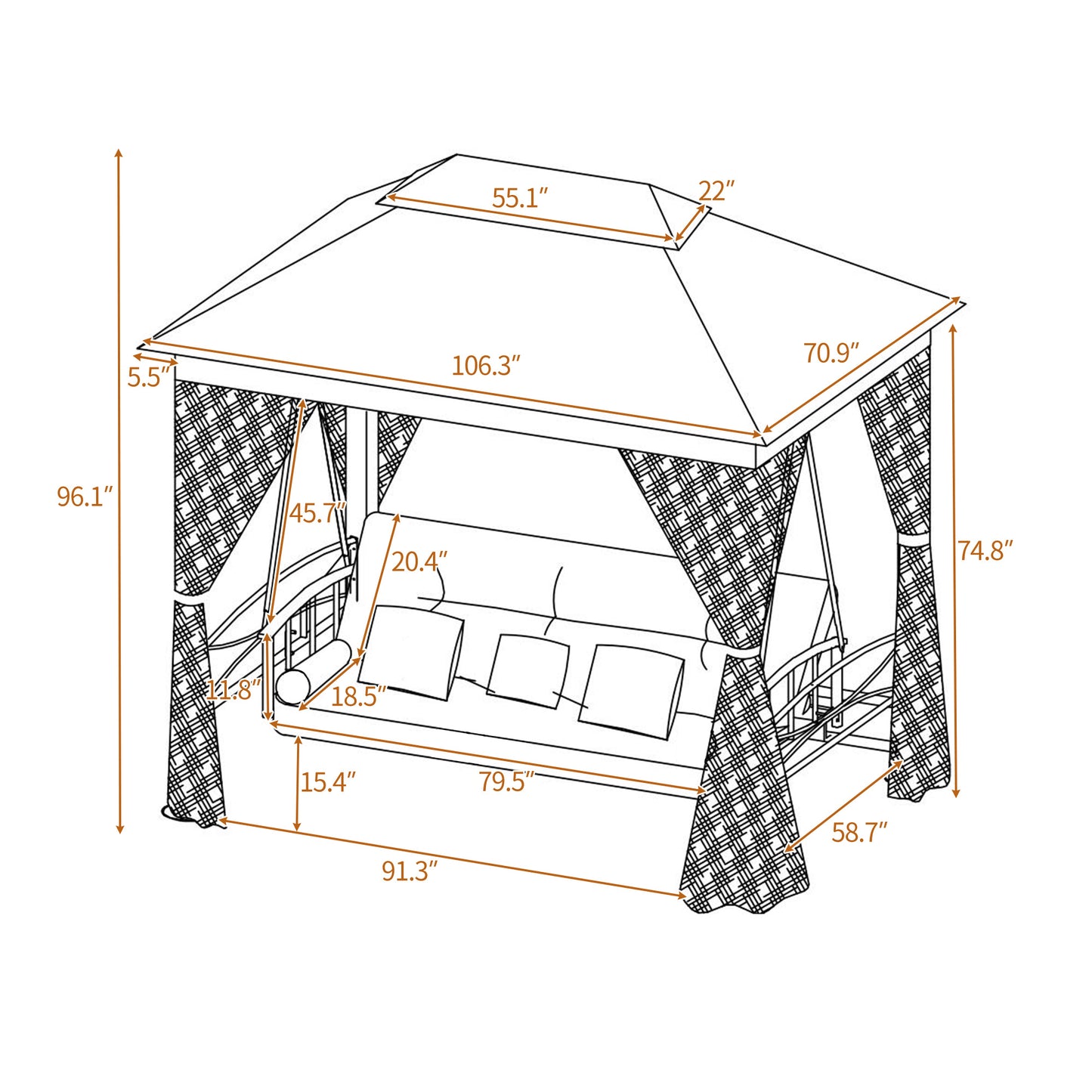 Gazebo with Convertible Swing Bench;  Double Roof with Mosquito Netting