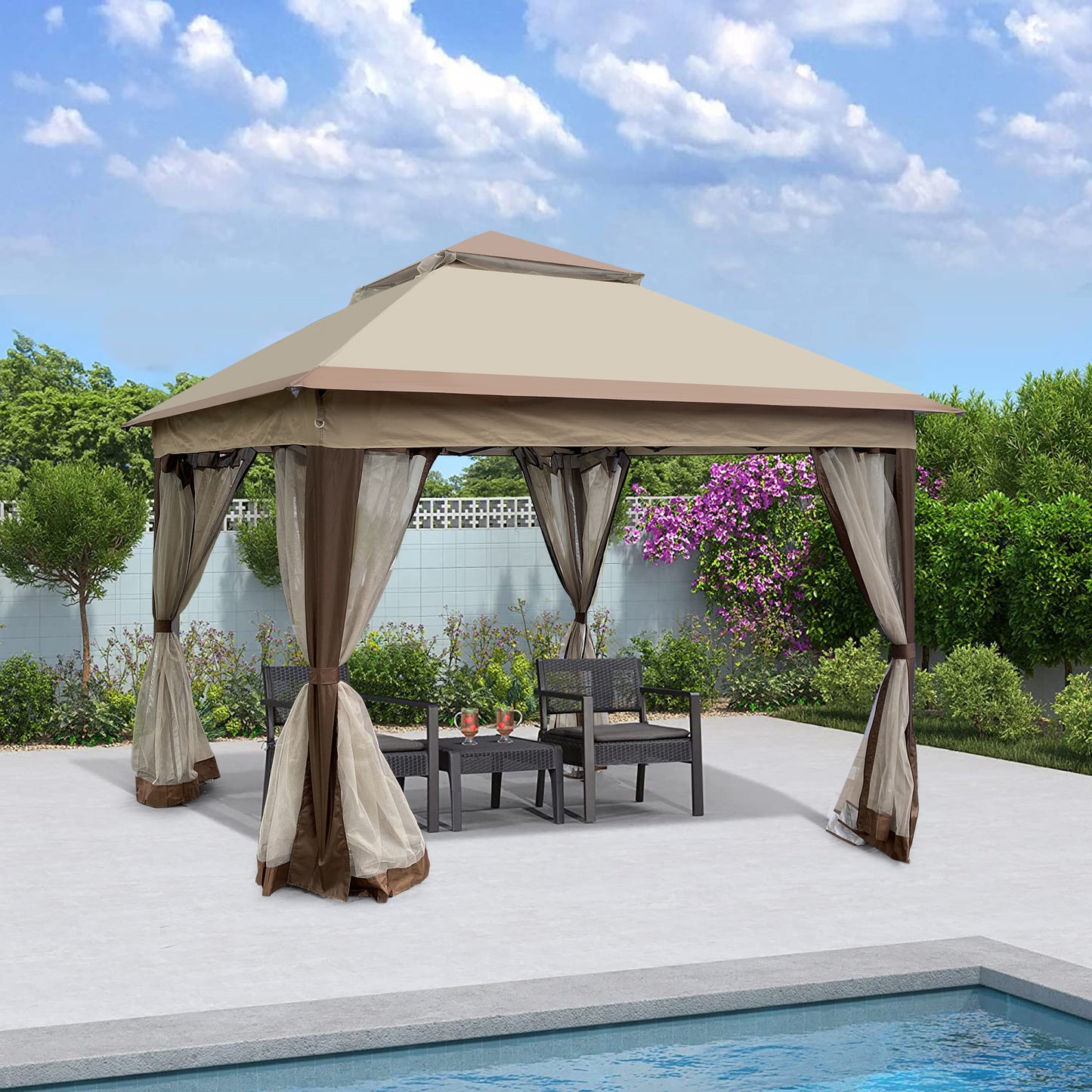 11x 11Ft Pop Up Gazebo Canopy With Removable Zipper Netting and 2-Tier Soft Top in Coffee