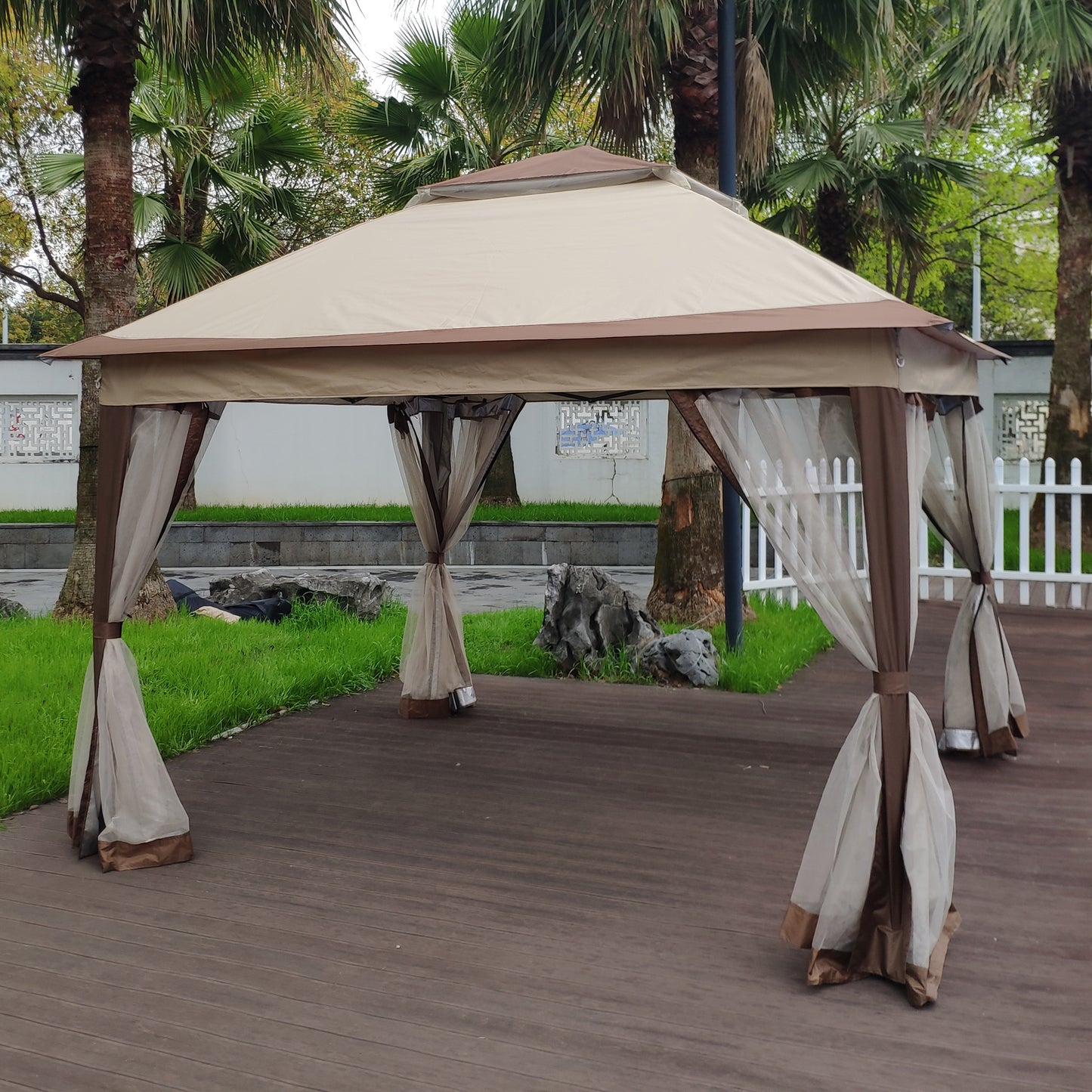 11x 11Ft Pop Up Gazebo Canopy With Removable Zipper Netting and 2-Tier Soft Top in Coffee