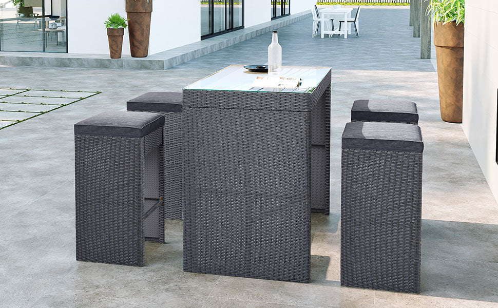 5-piece Rattan Outdoor Patio Bar and Dining Table Set with 4 Stools