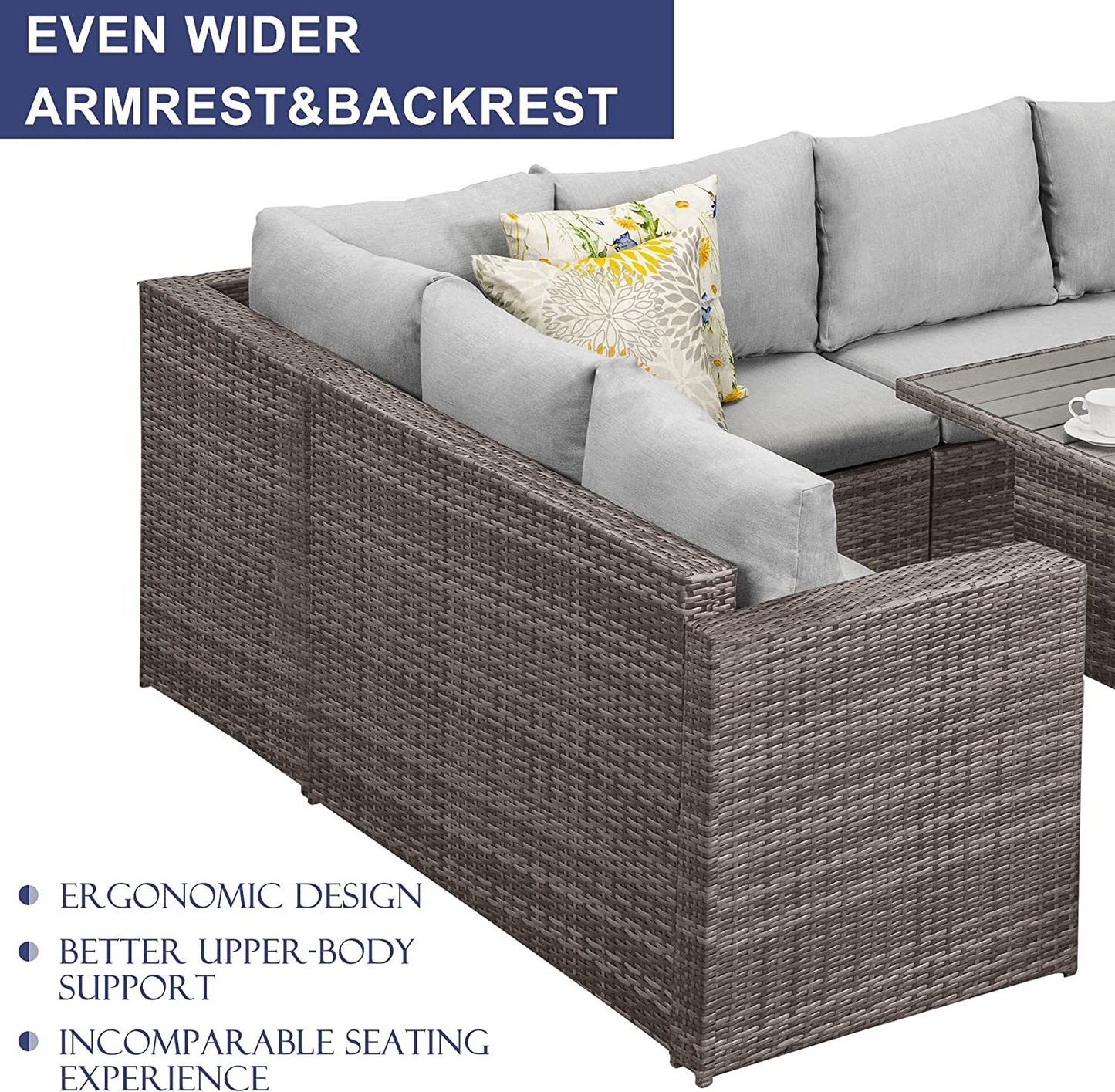 7-Pieces PE Rattan Wicker Patio Dining Sectional Sofa Set with Grey cushions