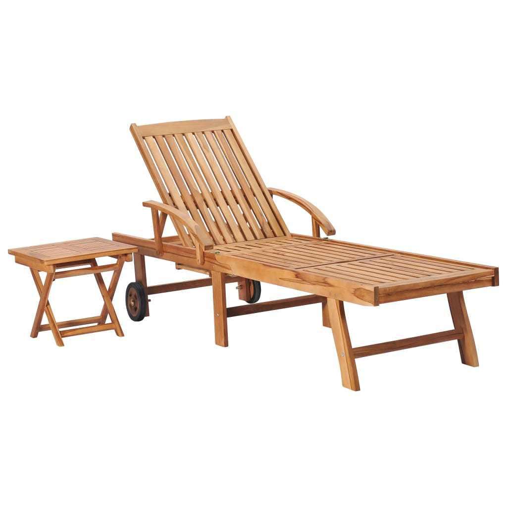 Teak Wood Sun Lounger with Table and Cushion