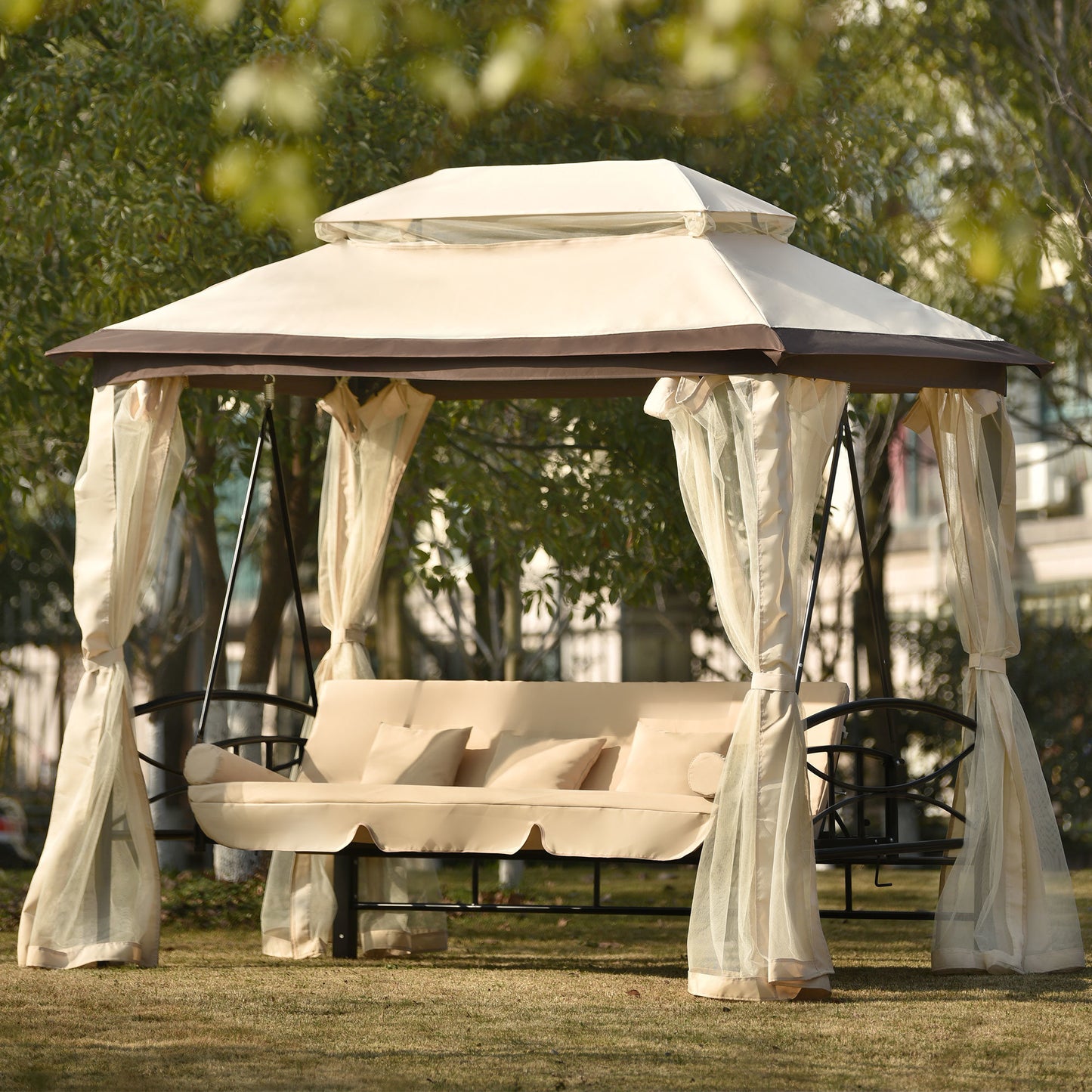 Gazebo with Convertible Swing Bench;  Double Roof with Mosquito Netting