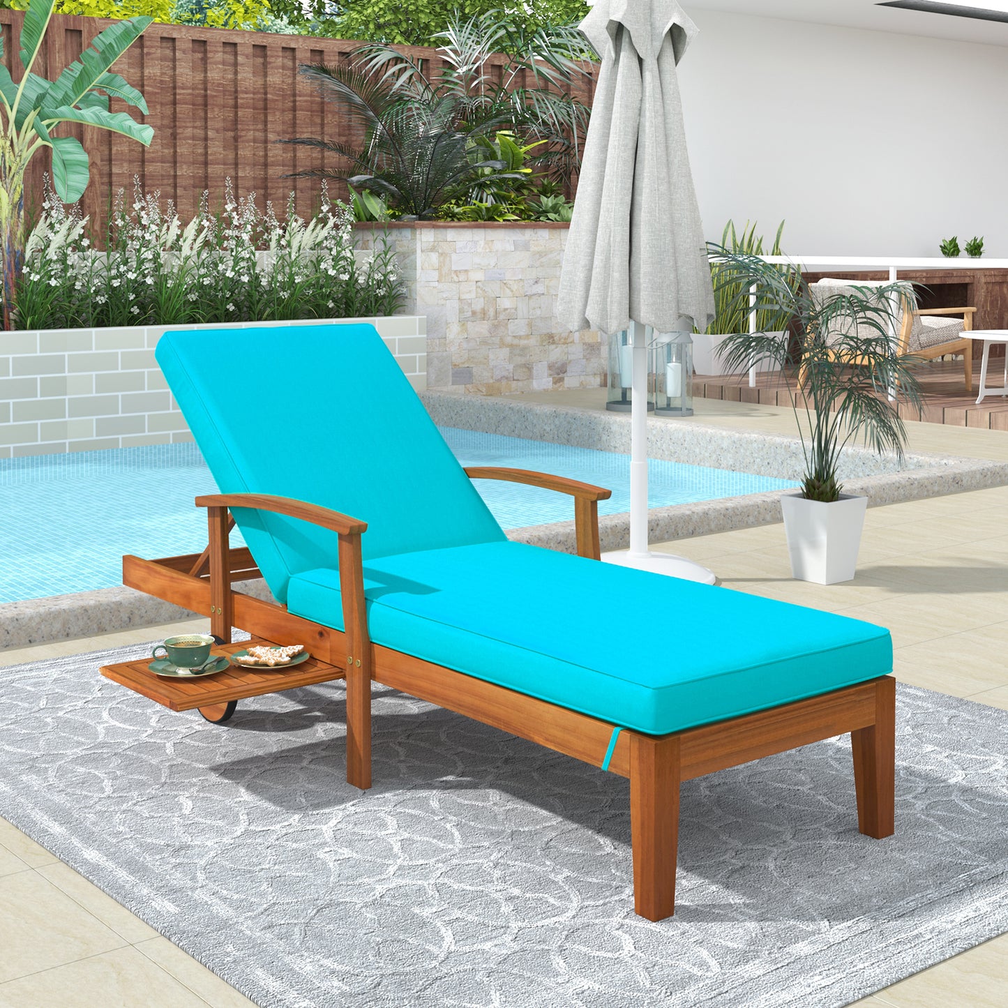 Outdoor Solid Wood 78.8" Chaise Lounge Patio Reclining Daybed with Cushion