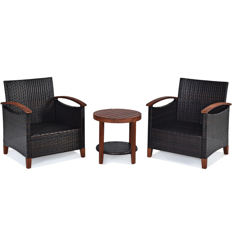 3 Pieces Patio Rattan Furniture Set with Washable Cushion and Acacia Wood Tabletop