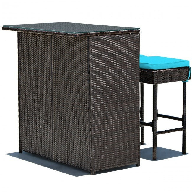 3 Pieces Patio Rattan Wicker Bar Table Dining Set with Stools