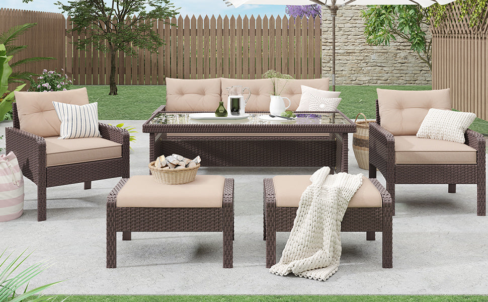 6-Piece Outdoor Wicker Rattan Sofa Set Dining Table Set with Removable Cushions and Tempered Glass Table