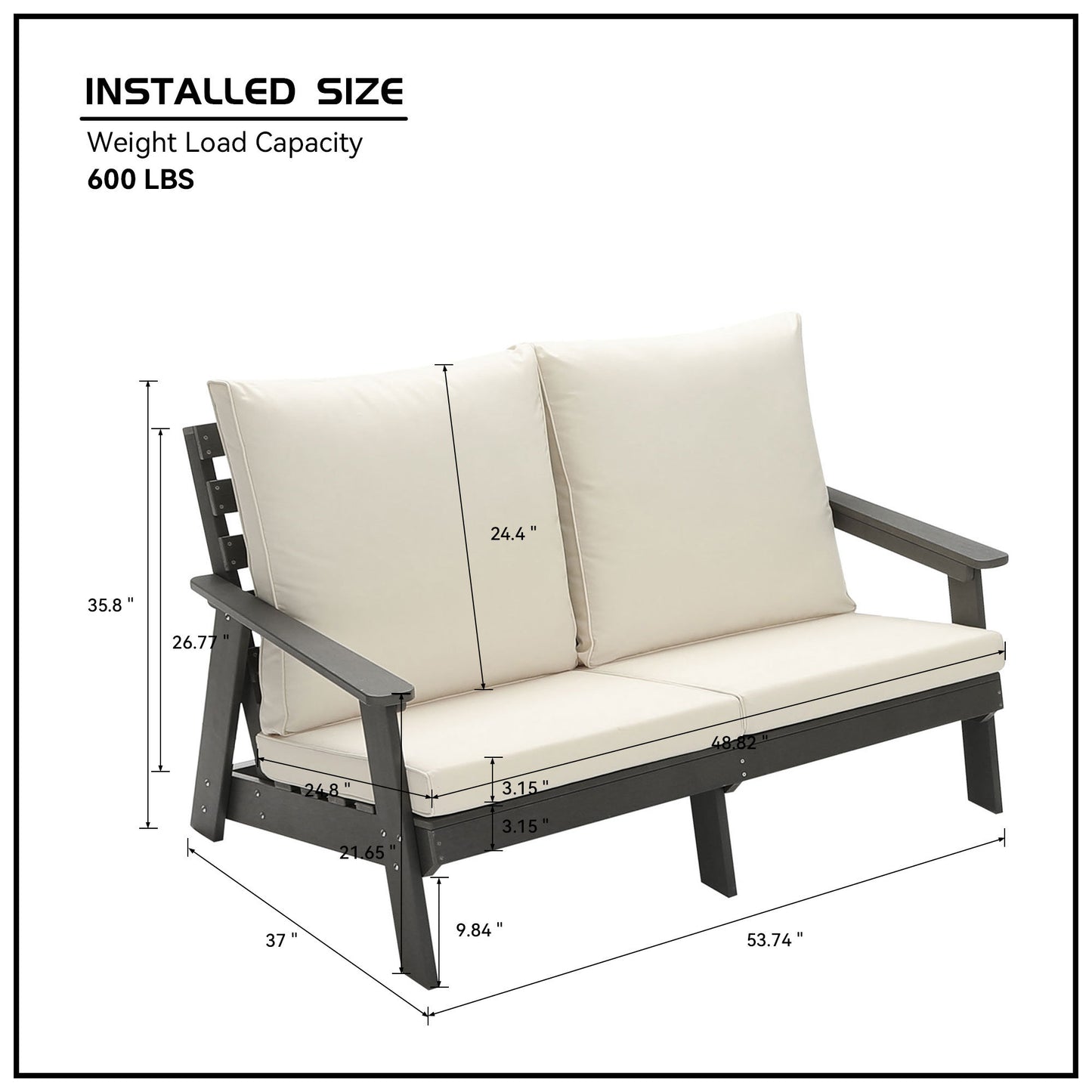 Wood Grain Loveseat with Cushions Grey/Beige l HDPE