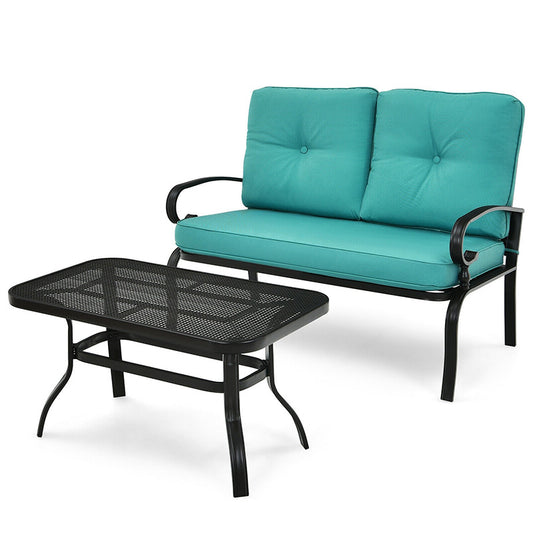 2PCS Patio Loveseat Bench with Table and Cushions