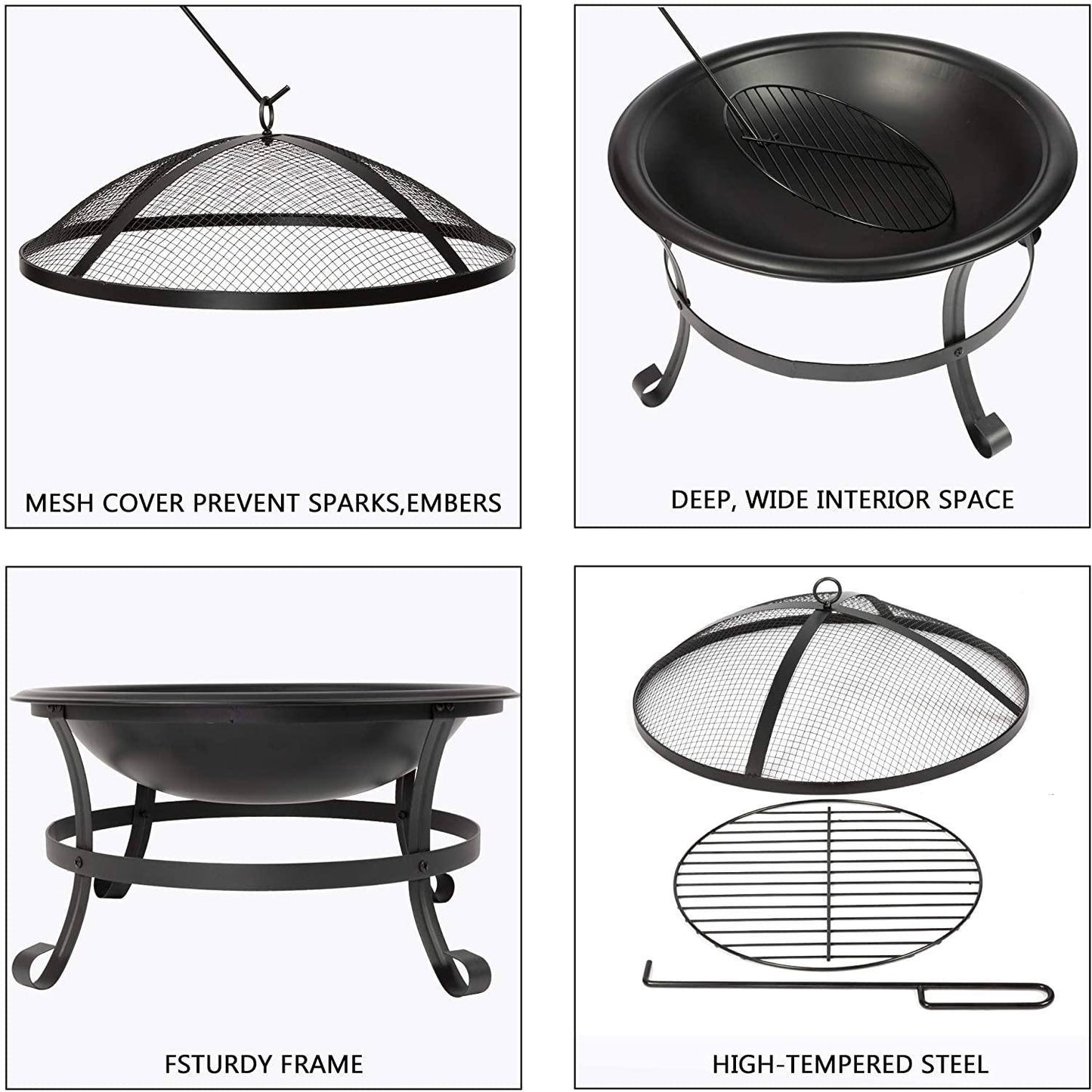 22'' Outdoor Wood Burning BBQ Grill Firepit Bowl w/Spark Round Mesh Spark Screen Cover Fire Poker Patio Steel Fire Pit Bonfire for Backyard Camping