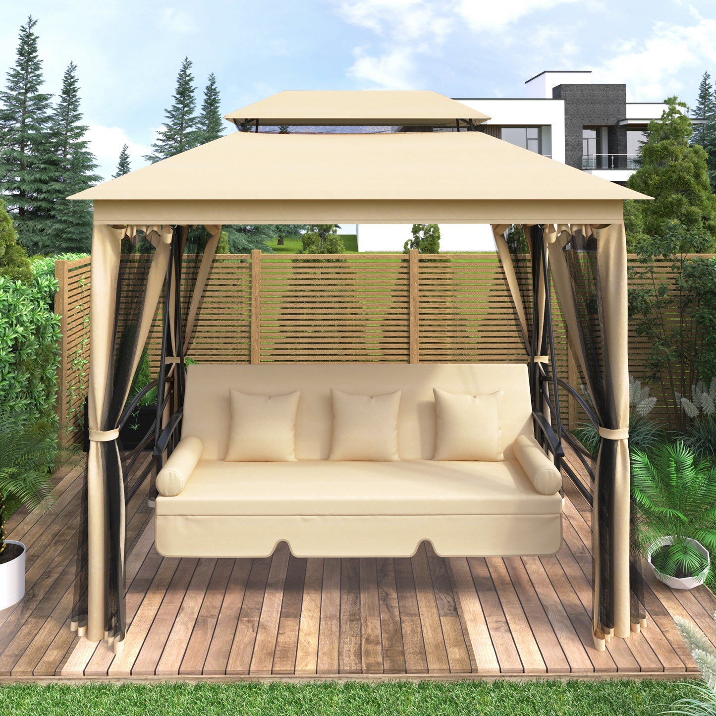 Gazebo with Convertible Swing Bench;  Double Roof with Mosquito Netting