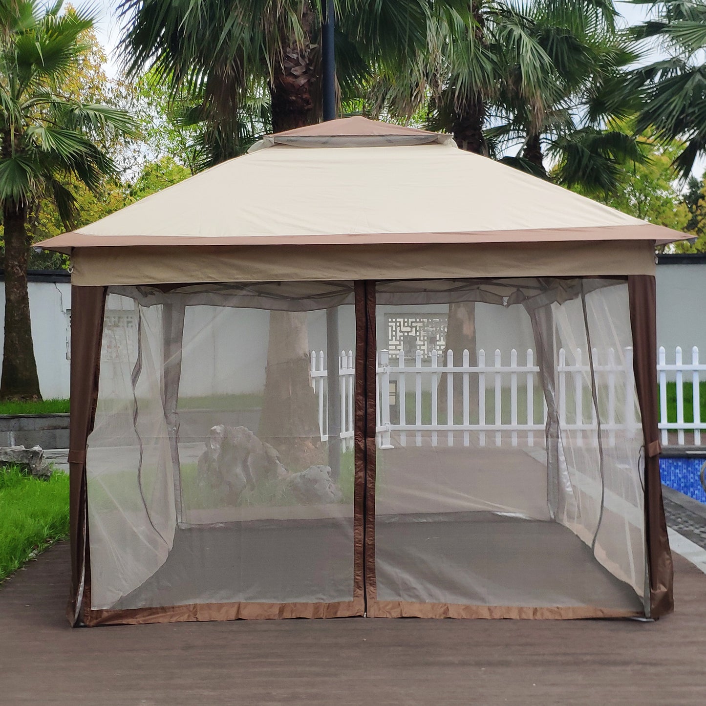 11x 11Ft Pop Up Gazebo Canopy With Removable Zipper Netting and 2-Tier Soft Top in Coffee