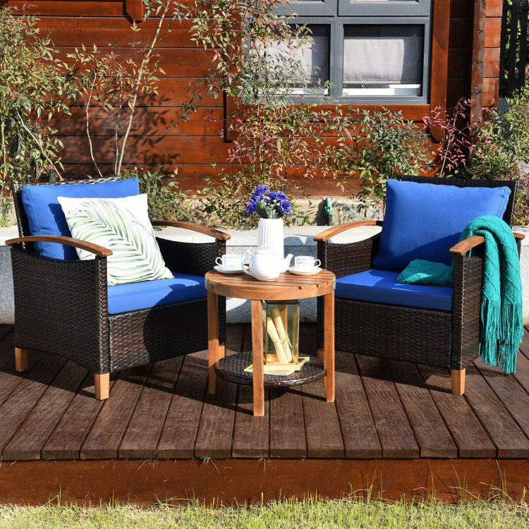 3 Pieces Patio Rattan Furniture Set with Washable Cushion and Acacia Wood Tabletop