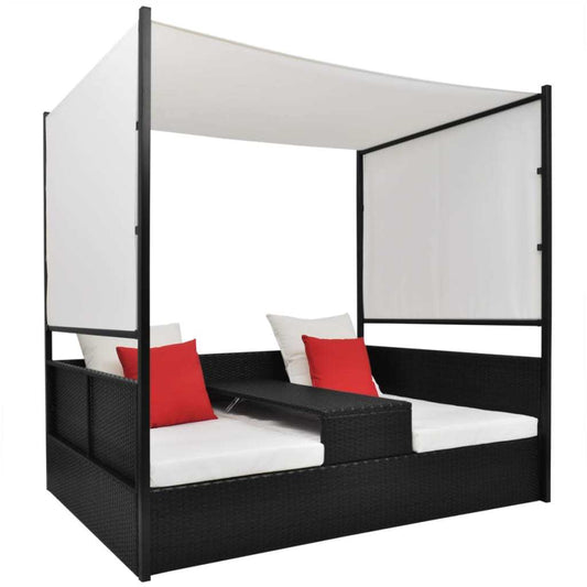 Poly Rattan Black Lounge Bed with Canopy