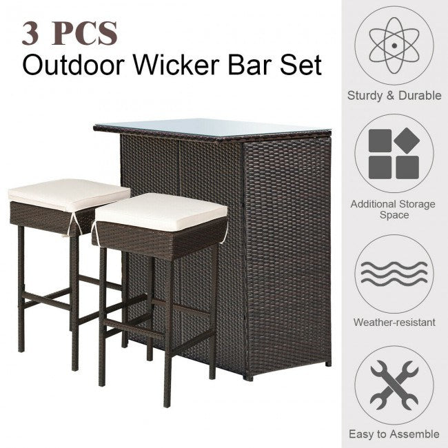 3 Pieces Patio Rattan Wicker Bar Table Dining Set with Stools