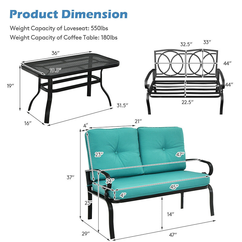 2PCS Patio Loveseat Bench with Table and Cushions