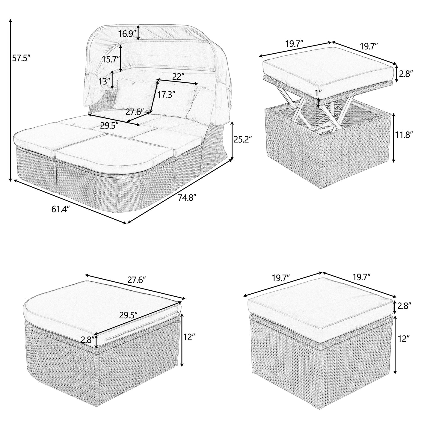 Outdoor Patio Furniture Set Sunbed with Retractable Canopy