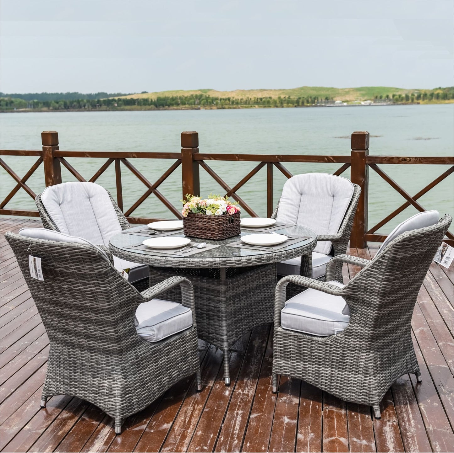 5-Piece Outdoor Patio All Weather PE Rattan Dining Set with Cushions