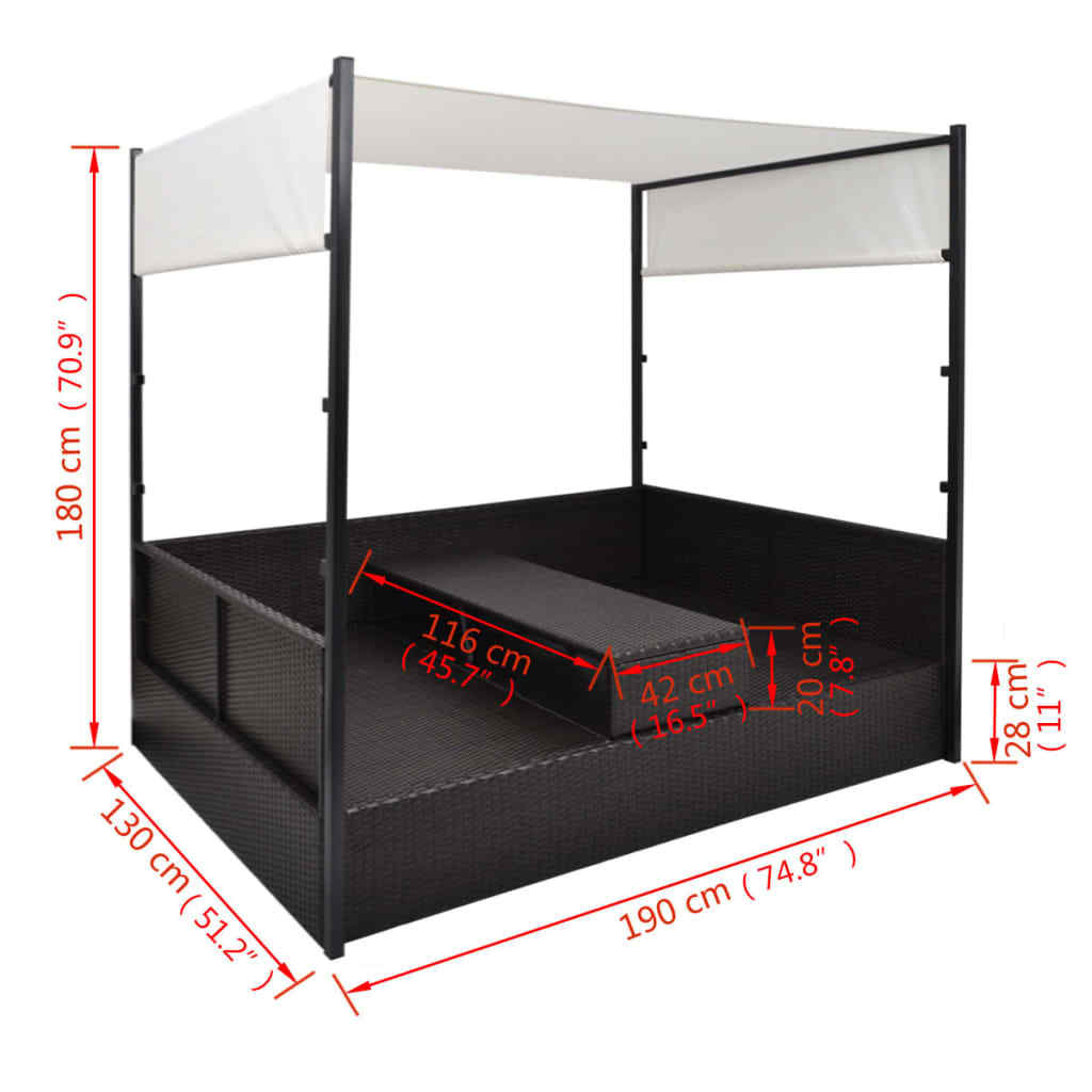 Poly Rattan Black Lounge Bed with Canopy