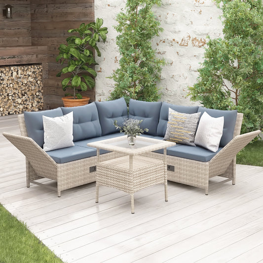 Outdoor Patio 4-Piece All Weather PE Wicker Rattan Sofa Set with Adjustable Backrests