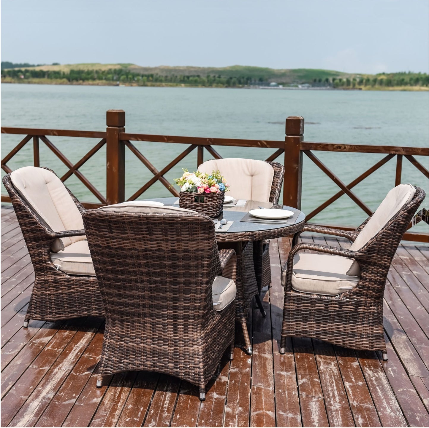 5-Piece Outdoor Patio All Weather PE Rattan Dining Set with Cushions