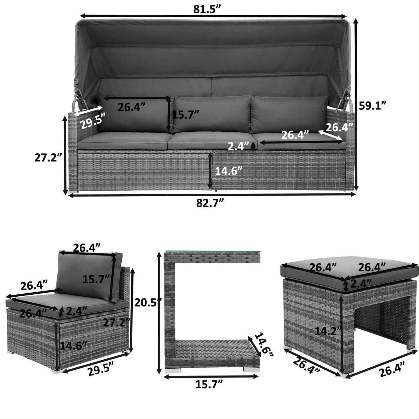 5 Piece Outdoor Sectional Patio Rattan Sofa Set Rattan Daybed