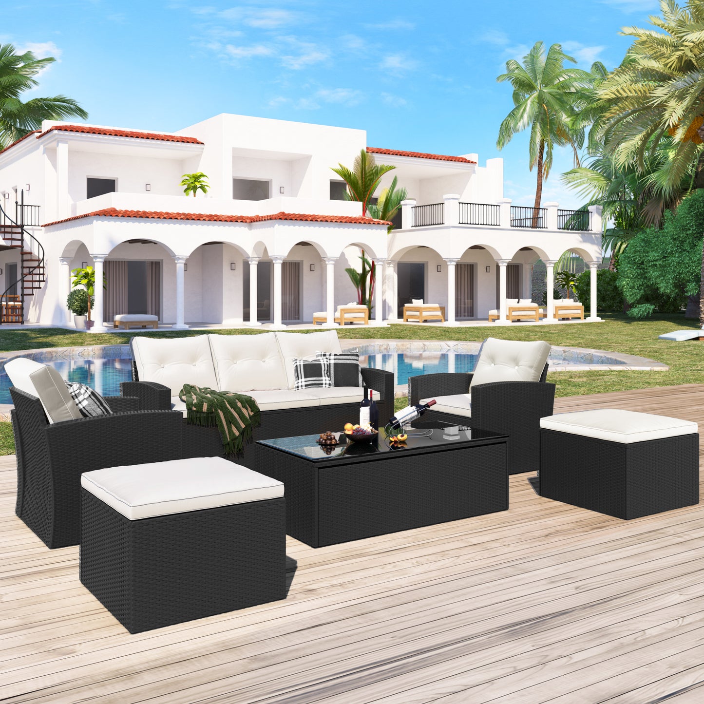 6-Piece Wicker PE Rattan Patio Set with Black wicker and Beige cushion