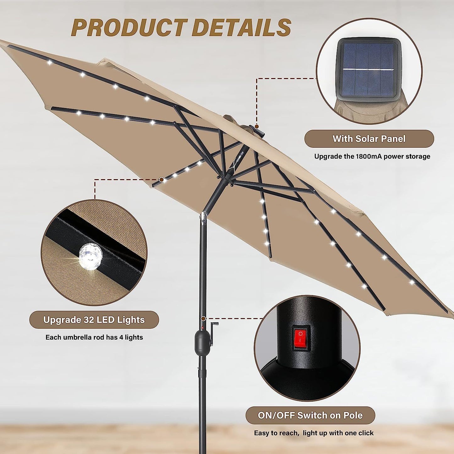 9' Solar LED Lighted Patio Umbrella with Push Button Tilt/Crank
