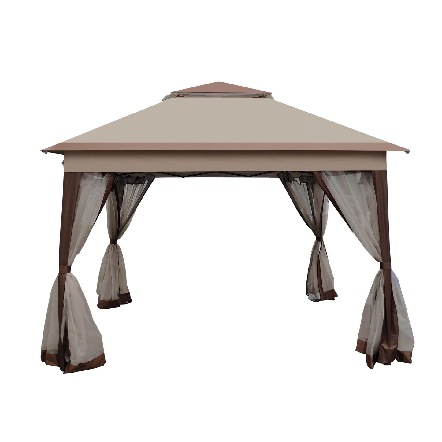 11x 11Ft Pop Up Gazebo Canopy With Removable Zipper Netting and 2-Tier Soft Top in Coffee