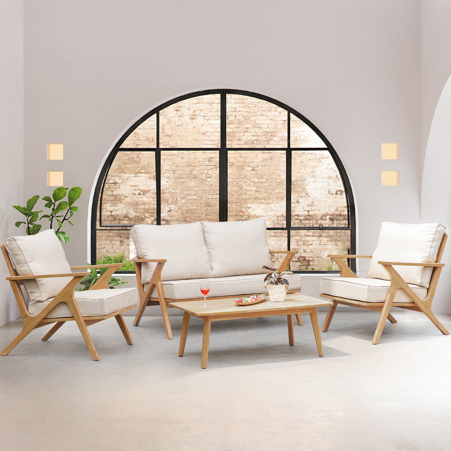 4 PCS Acacia Wood Patio Furniture Set with Grey Cushions & Back Pillow