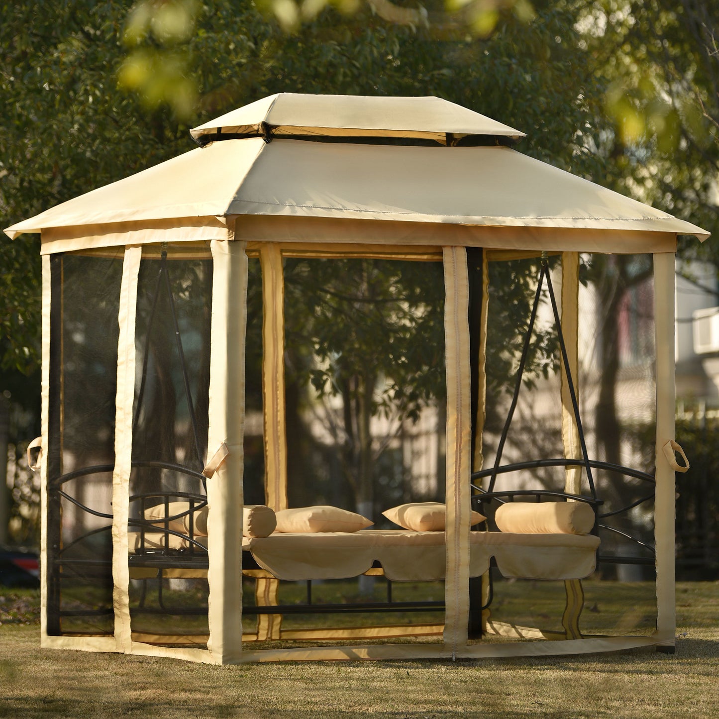 Outdoor Gazebo with Convertible Swing Bench and Mosquito Netting