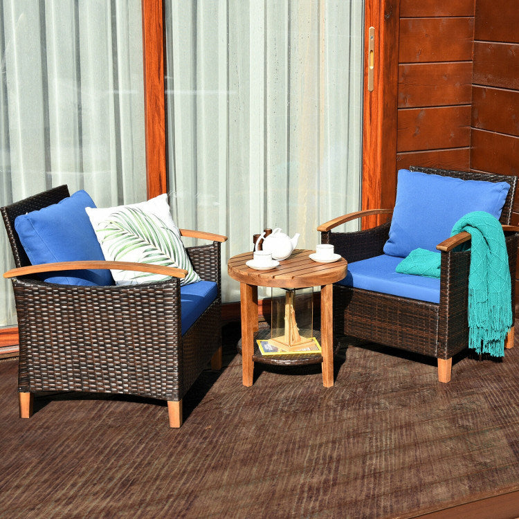 3 Pieces Patio Rattan Furniture Set with Washable Cushion and Acacia Wood Tabletop