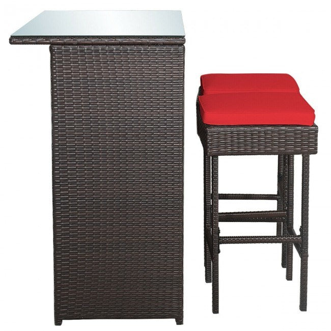 3 Pieces Patio Rattan Wicker Bar Table Dining Set with Stools