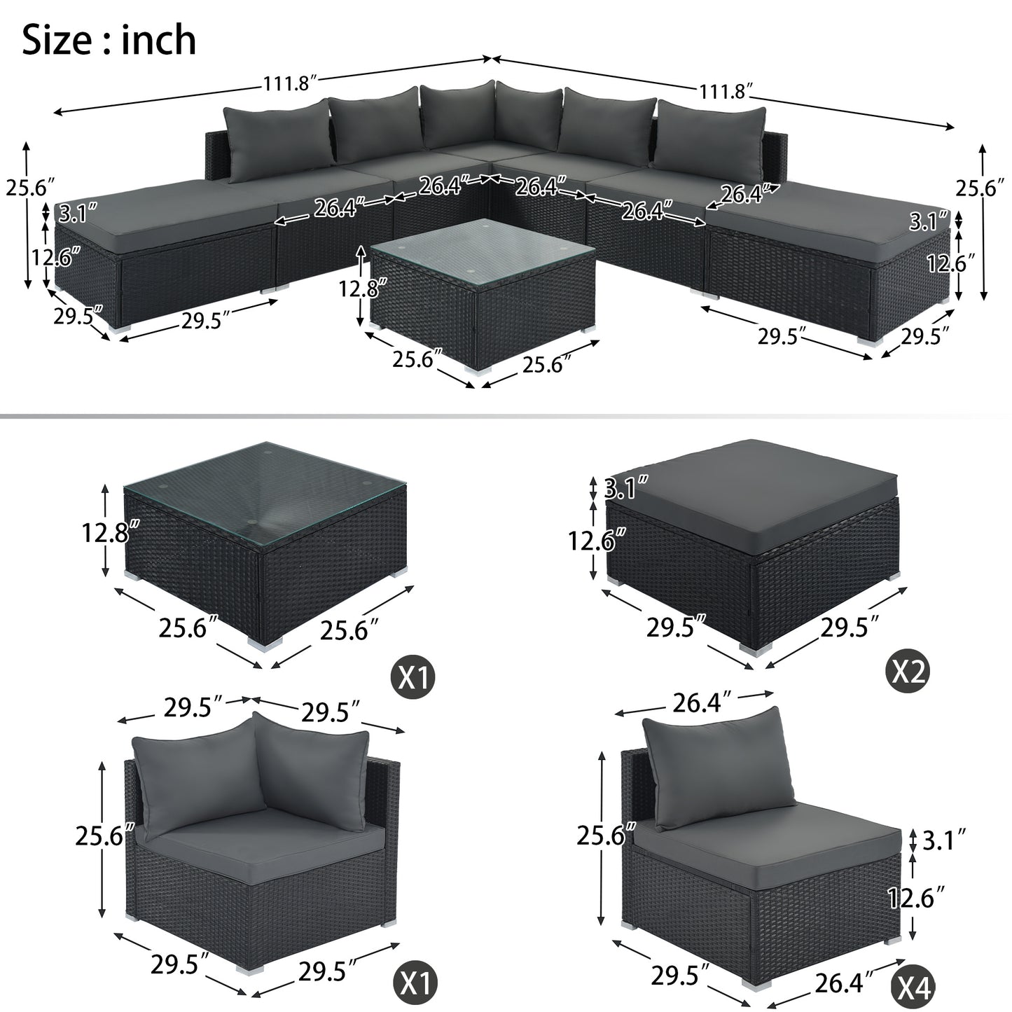 8-Pieces Outdoor Combinable Wicker Furniture Set