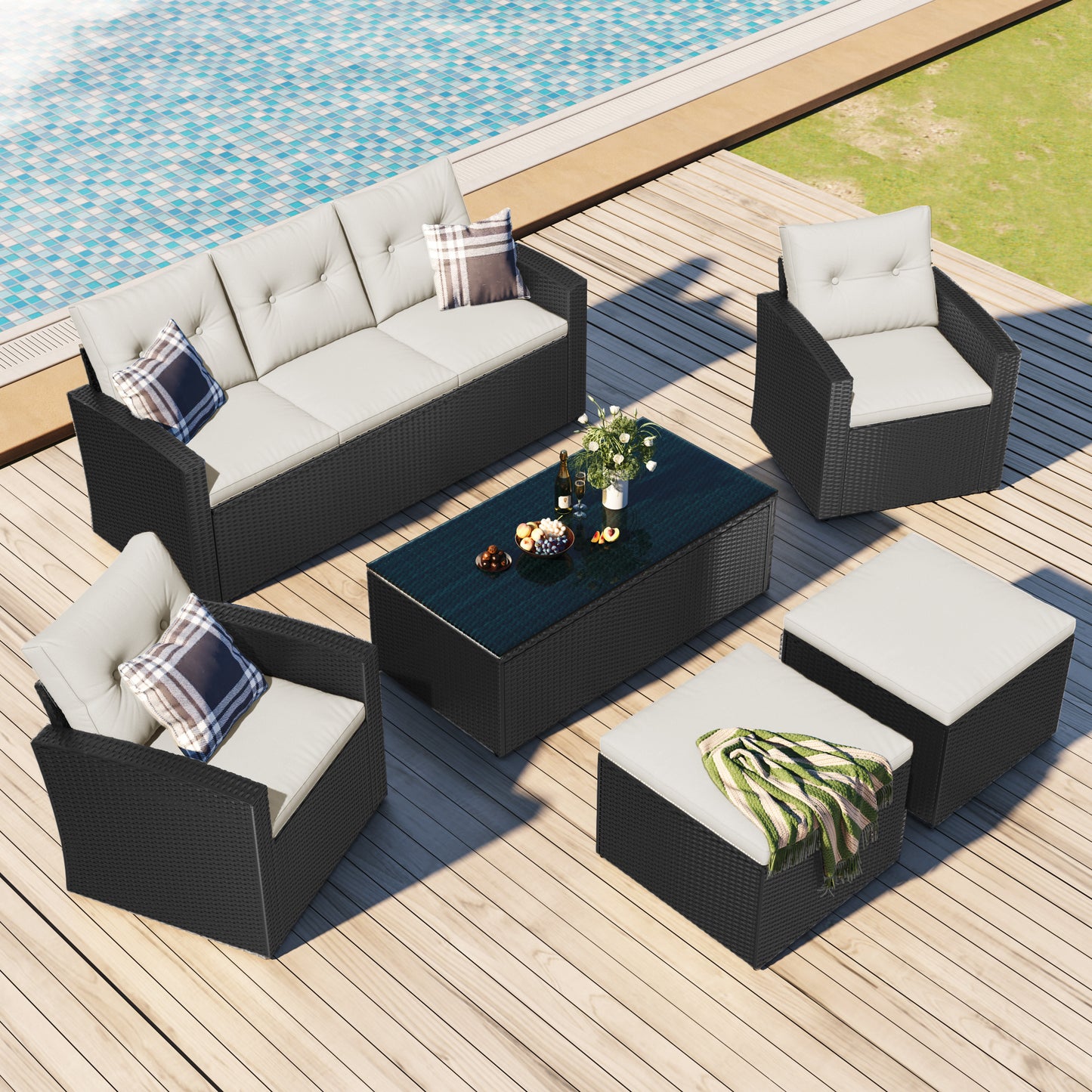 6-Piece Wicker PE Rattan Patio Set with Black wicker and Beige cushion