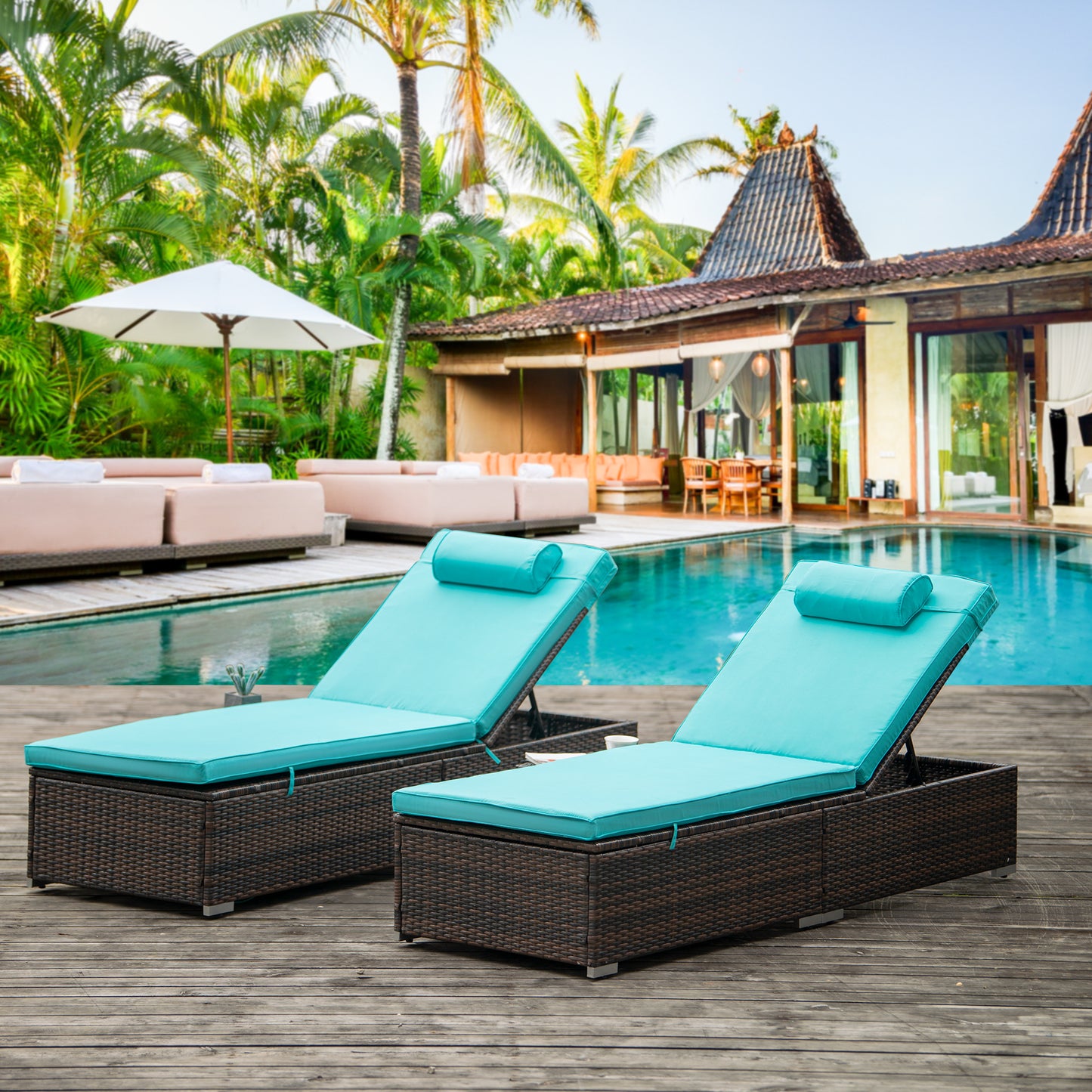 Outdoor Wicker Chaise Lounge Chairs with Side Table, Set of 2