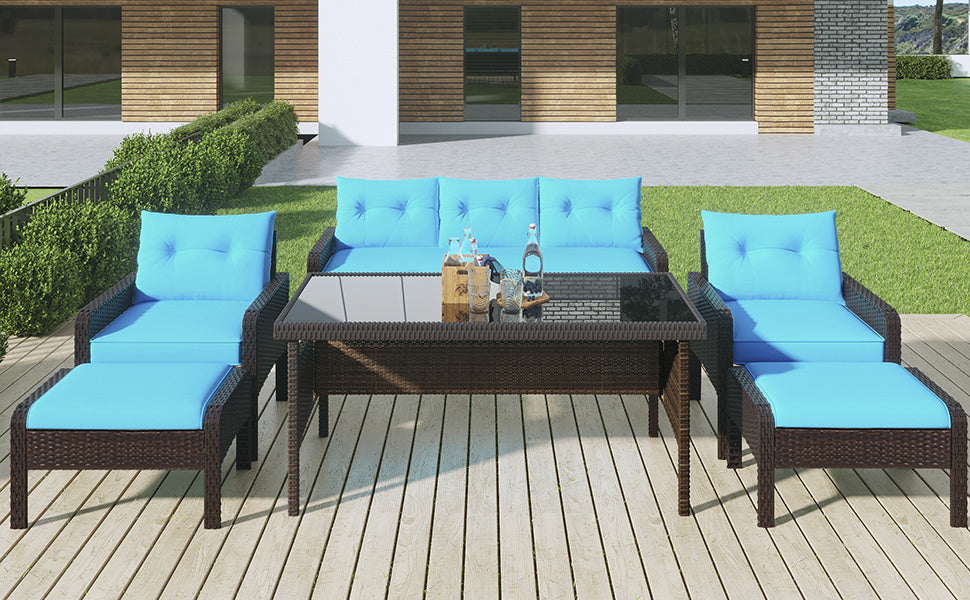 6-Piece Outdoor Wicker Rattan Sofa Set Dining Table Set with Removable Cushions and Tempered Glass Table