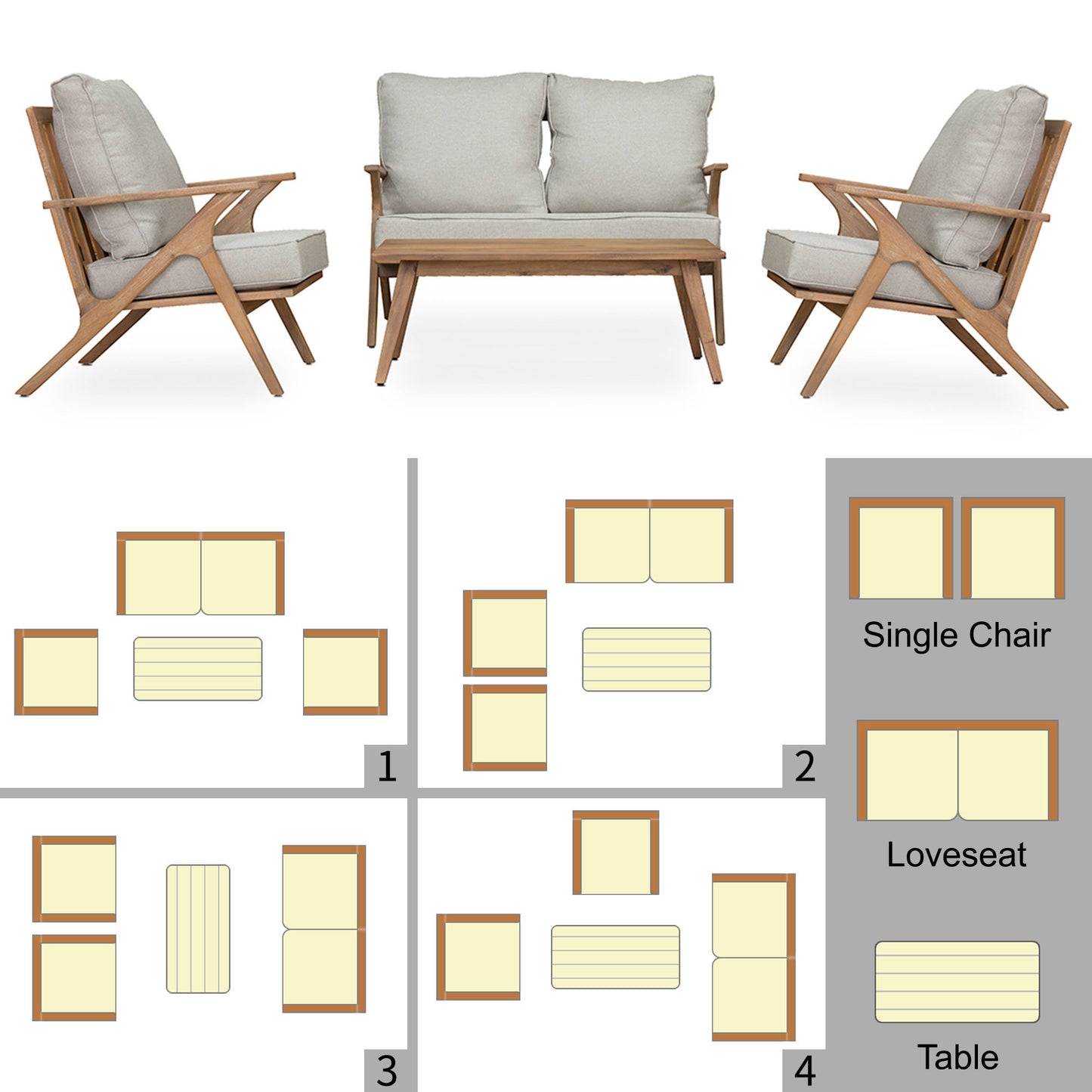 4 PCS Acacia Wood Patio Furniture Set with Grey Cushions & Back Pillow