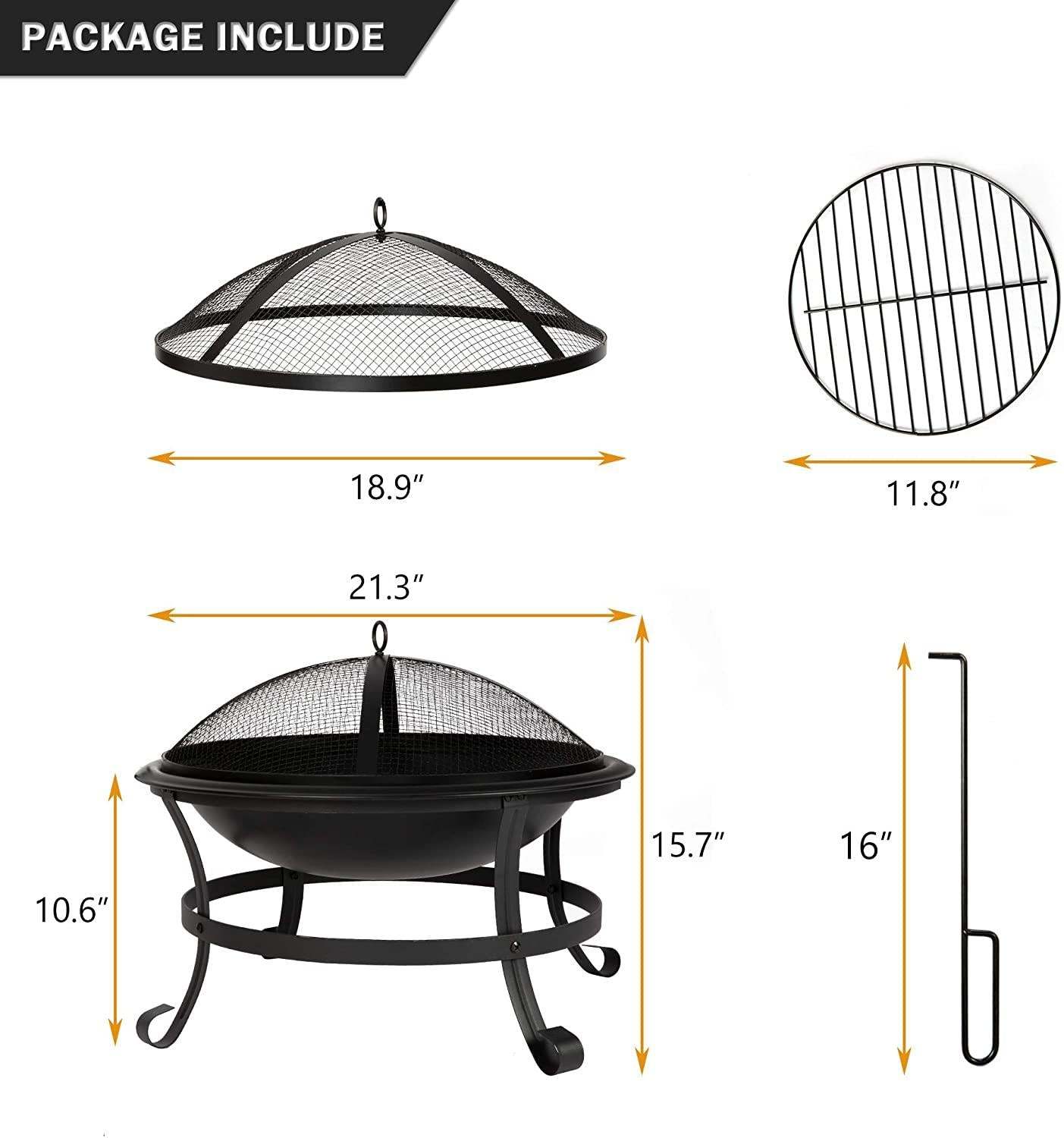 22'' Outdoor Wood Burning BBQ Grill Firepit Bowl w/Spark Round Mesh Spark Screen Cover Fire Poker Patio Steel Fire Pit Bonfire for Backyard Camping