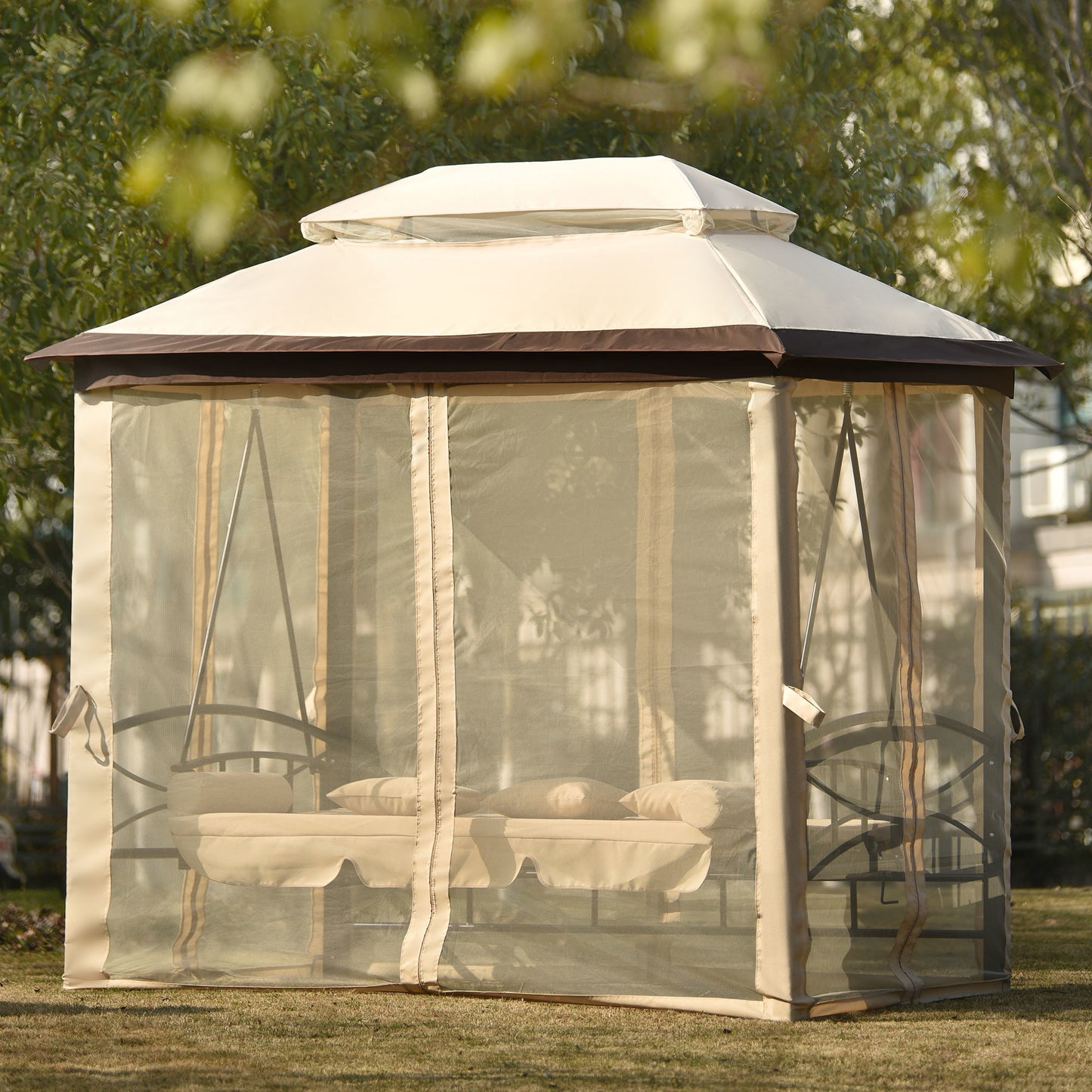 Outdoor Gazebo with Convertible Swing Bench and Mosquito Netting