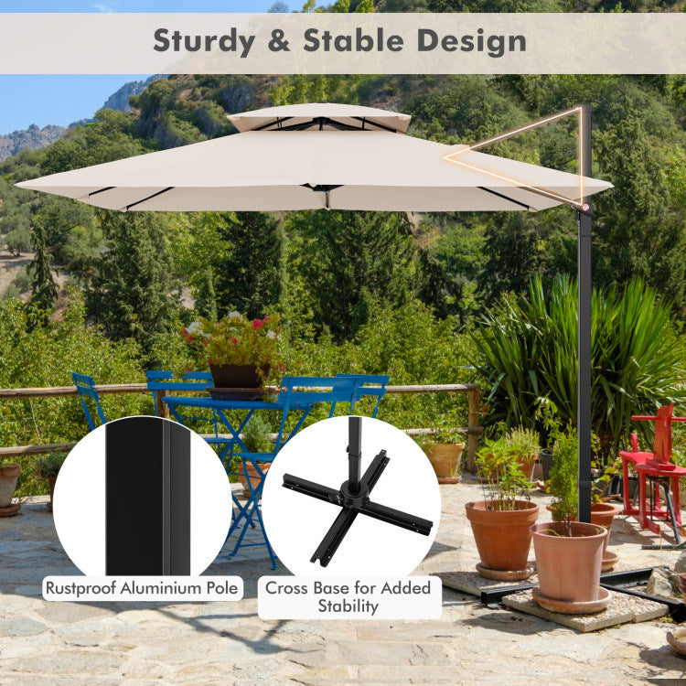 9.5 Feet Cantilever Patio Umbrella with 360° Rotation and Double Top