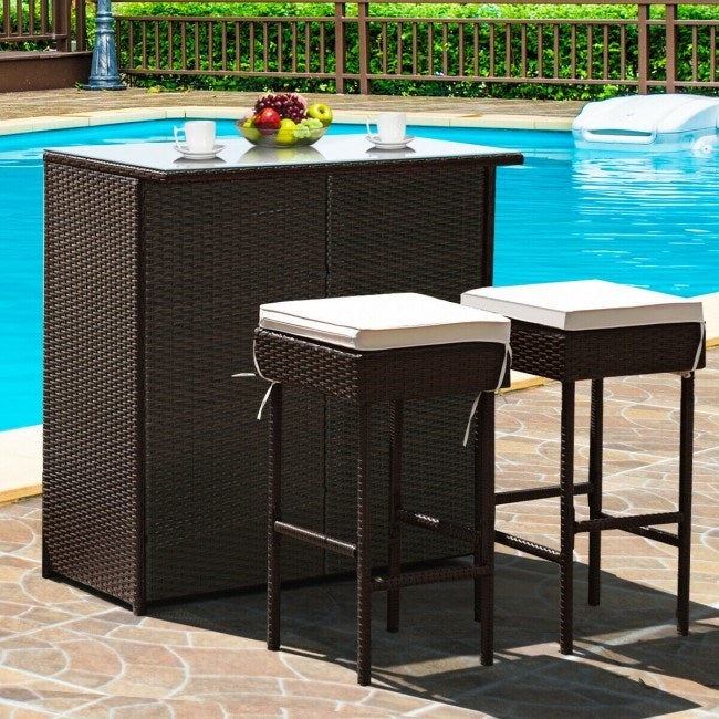 3 Pieces Patio Rattan Wicker Bar Table Dining Set with Stools