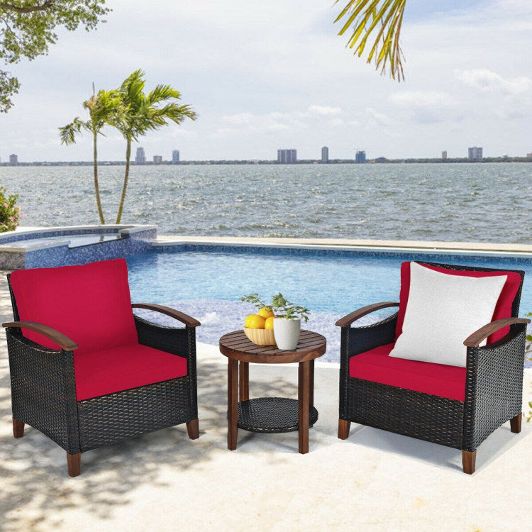 3 Pieces Patio Rattan Furniture Set with Washable Cushion and Acacia Wood Tabletop