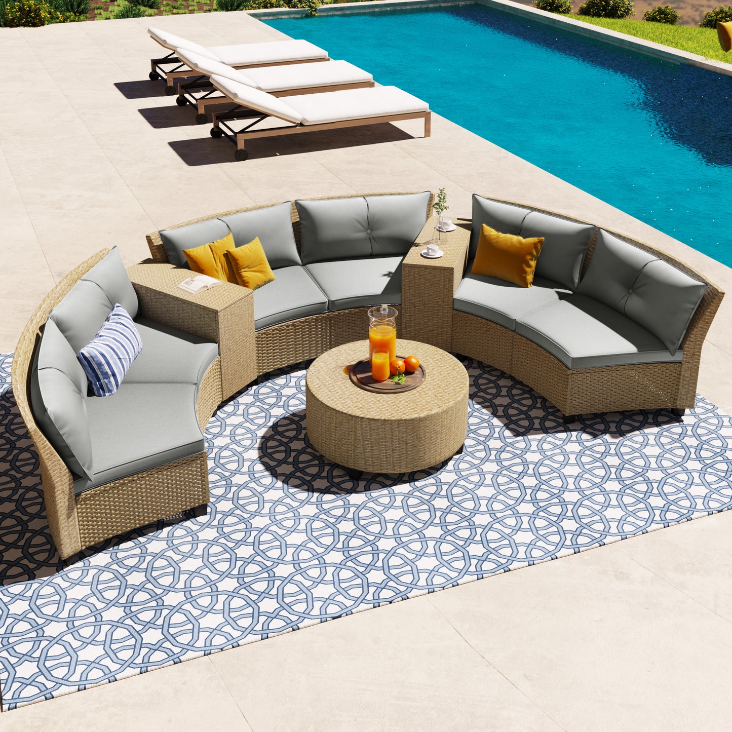 HDPE Rattan 6-Person Fan-shaped Suit with Cushions and Table