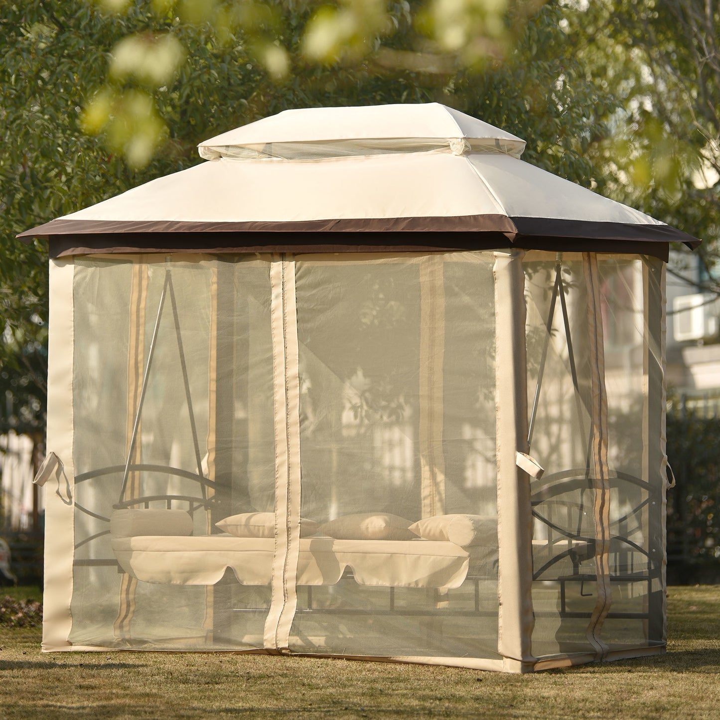 Gazebo with Convertible Swing Bench;  Double Roof with Mosquito Netting