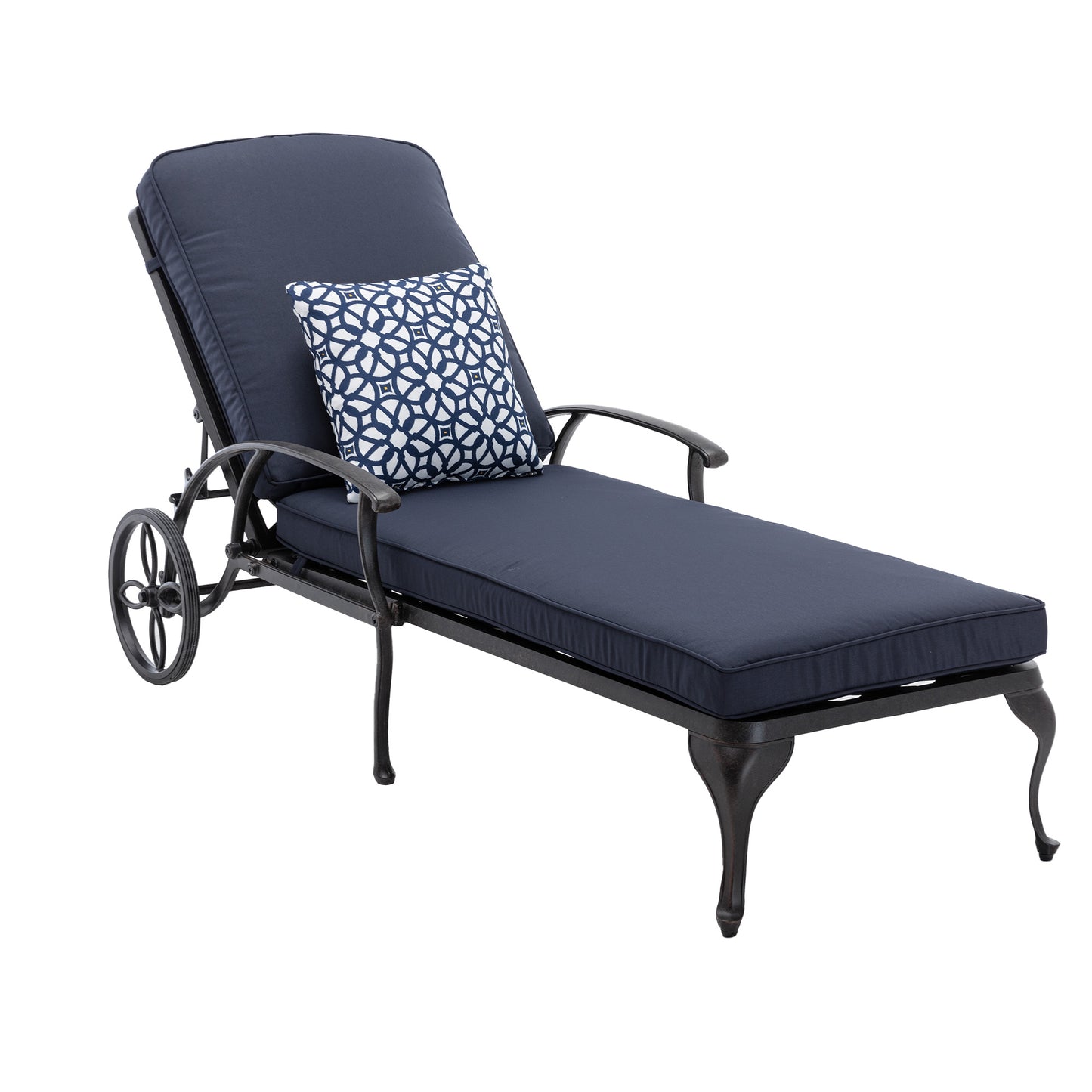 Outdoor Lounge Chair with Navy Blue Cushions with Wheels and Adjustable Reclining