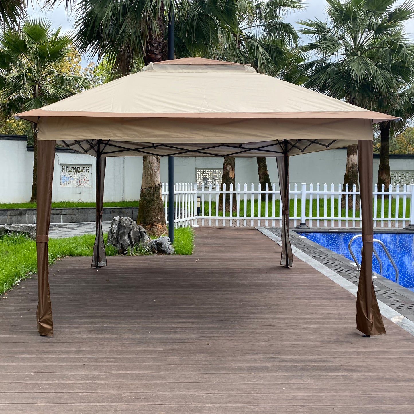 11x 11Ft Pop Up Gazebo Canopy With Removable Zipper Netting and 2-Tier Soft Top in Coffee